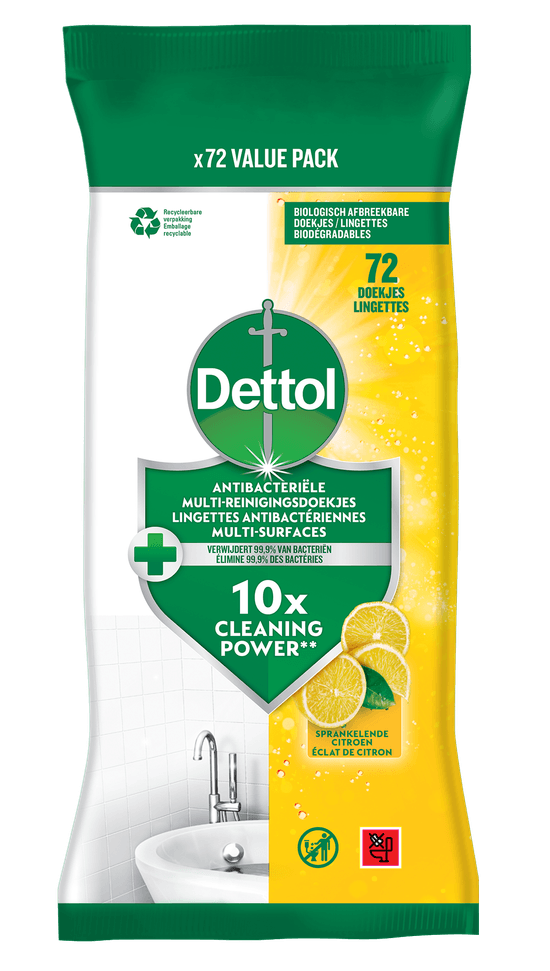 Dettol Lingettes Antibactériennes Multi-Surfaces Éclat de Citron x72