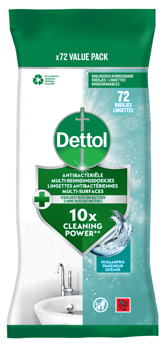 Dettol Lingettes Antibactériennes Multi-Surfaces Fraîcheur Océane x72