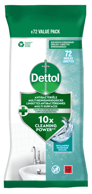 Dettol Lingettes Antibactériennes Multi-Surfaces Fraîcheur Océane x72